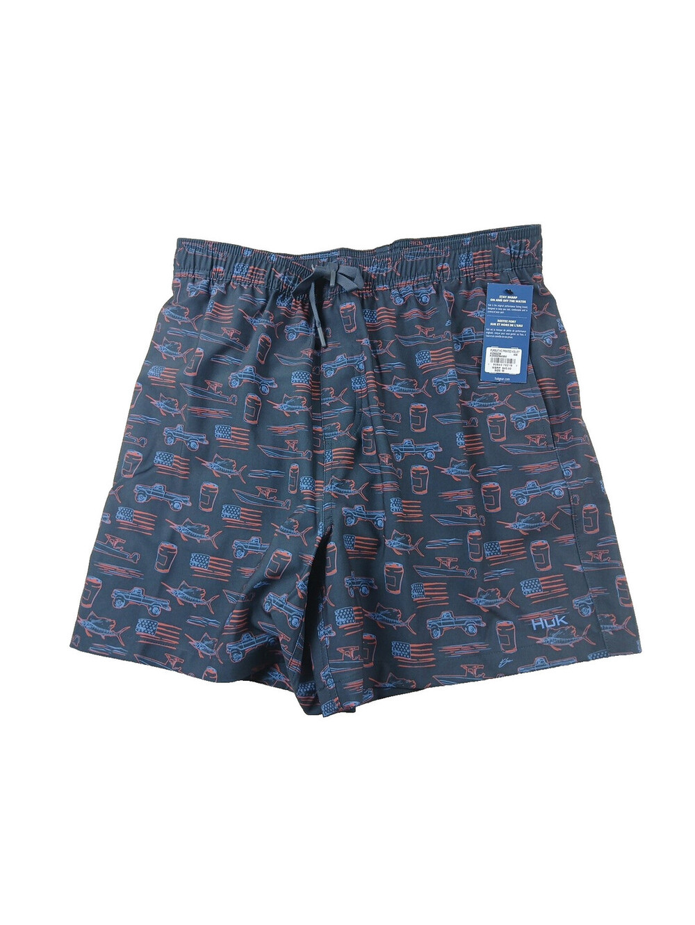 HUK Men's Blue Volley Swim Shorts Trunks Patriotic Truck Fish Boats Flag MED NWT